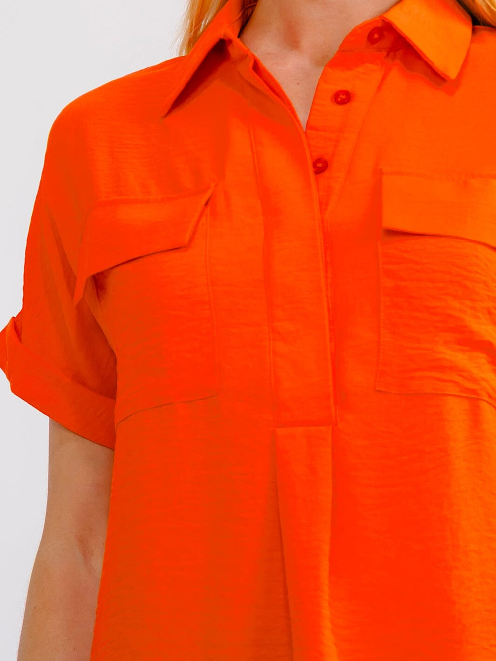 WOMEN'S SHORT SLEEVE BUTTON UP FRONT POCKETS BLOUSE