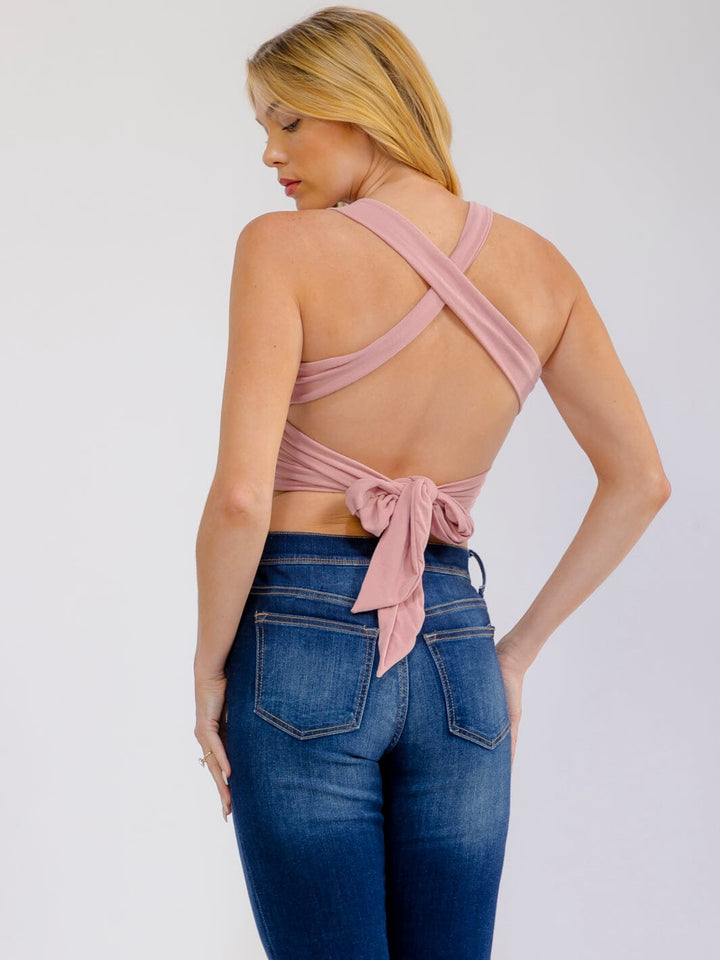 WOMEN'S SLEEEVELESS SMOCK OPEN BACK CROP TOP