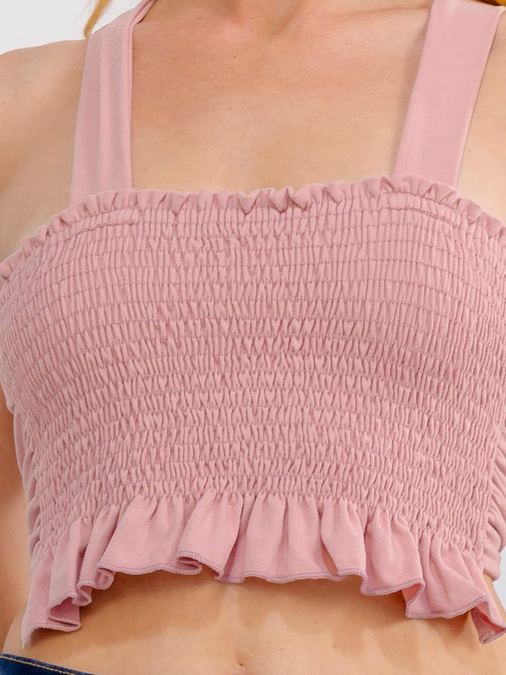WOMEN'S SLEEEVELESS SMOCK OPEN BACK CROP TOP