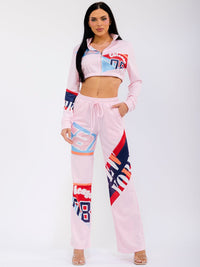 WOMEN'S LONG SLEEVE CROP JACKET & ELASTIC WAIST WIDE LEG PANTS GRAPHIC COLORBLOCK 2PC. SET