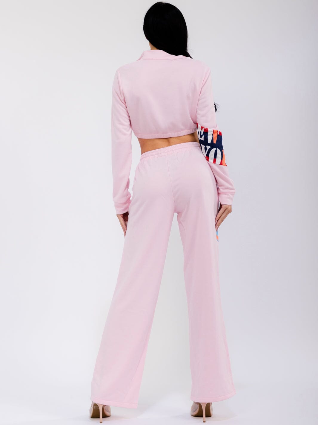 WOMEN'S LONG SLEEVE CROP JACKET & ELASTIC WAIST WIDE LEG PANTS GRAPHIC COLORBLOCK 2PC. SET