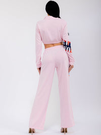 WOMEN'S LONG SLEEVE CROP JACKET & ELASTIC WAIST WIDE LEG PANTS GRAPHIC COLORBLOCK 2PC. SET