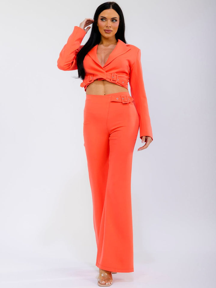 WOMEN'S LONG SLEEVE WRAP BLAZER & ZIP UP BELL LEG PANTS SOLID 2PC. SET