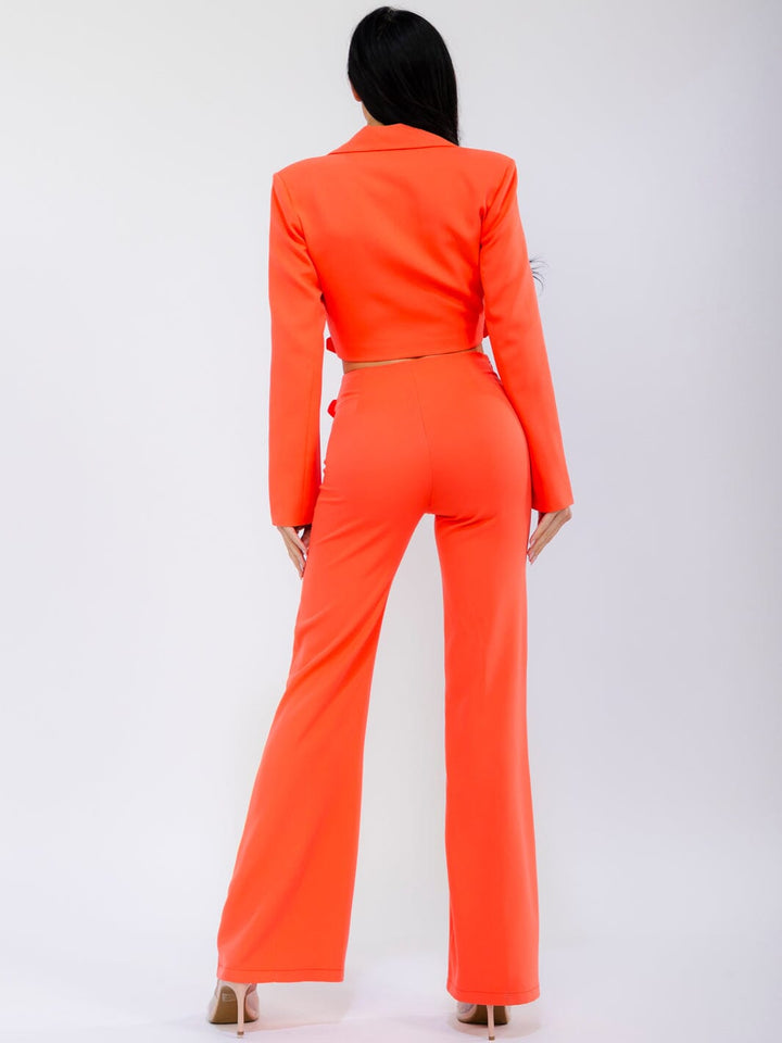 WOMEN'S LONG SLEEVE WRAP BLAZER & ZIP UP BELL LEG PANTS SOLID 2PC. SET