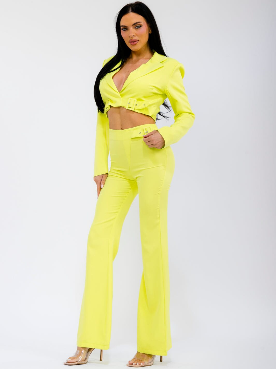 WOMEN'S LONG SLEEVE WRAP BLAZER & ZIP UP BELL LEG PANTS SOLID 2PC. SET