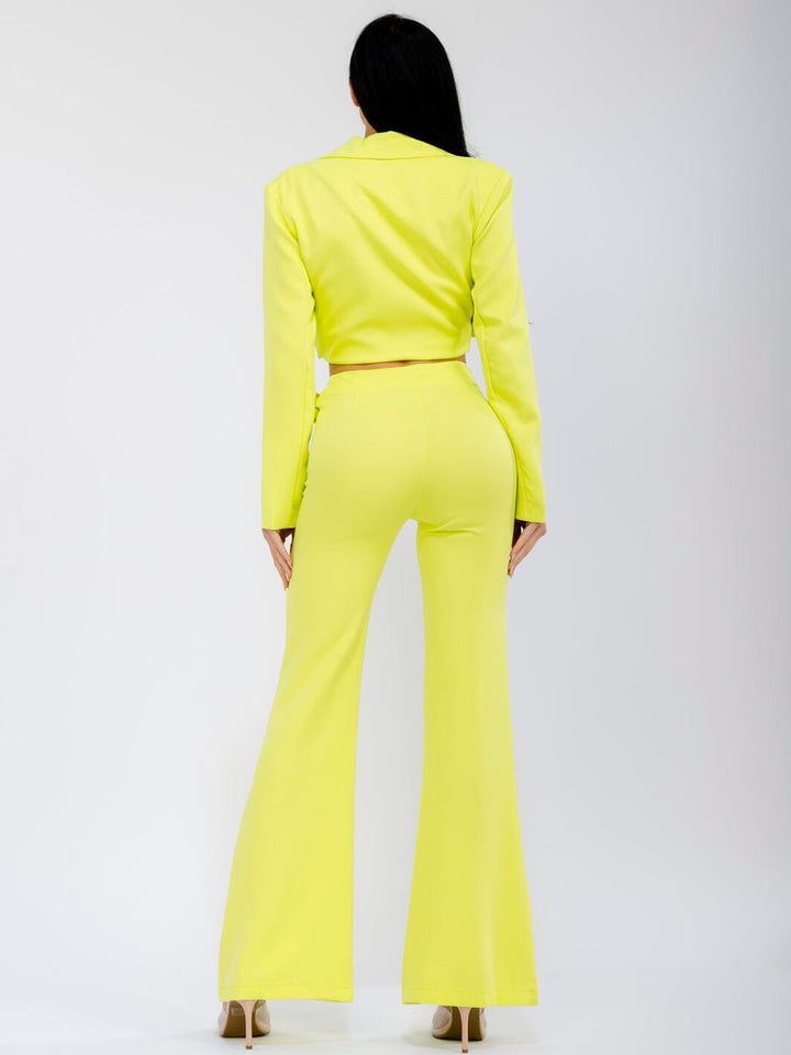WOMEN'S LONG SLEEVE WRAP BLAZER & ZIP UP BELL LEG PANTS SOLID 2PC. SET