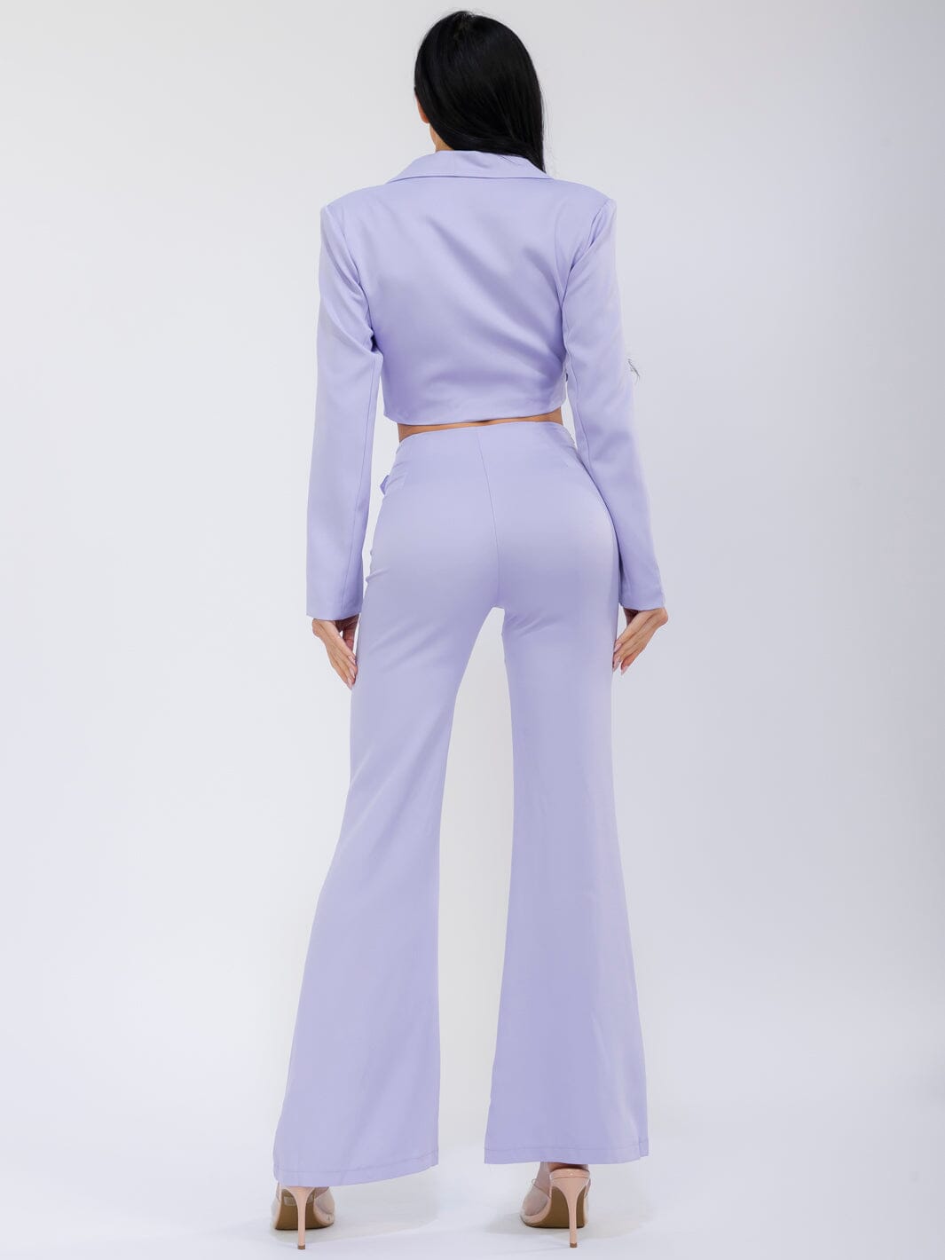 WOMEN'S LONG SLEEVE WRAP BLAZER & ZIP UP BELL LEG PANTS SOLID 2PC. SET