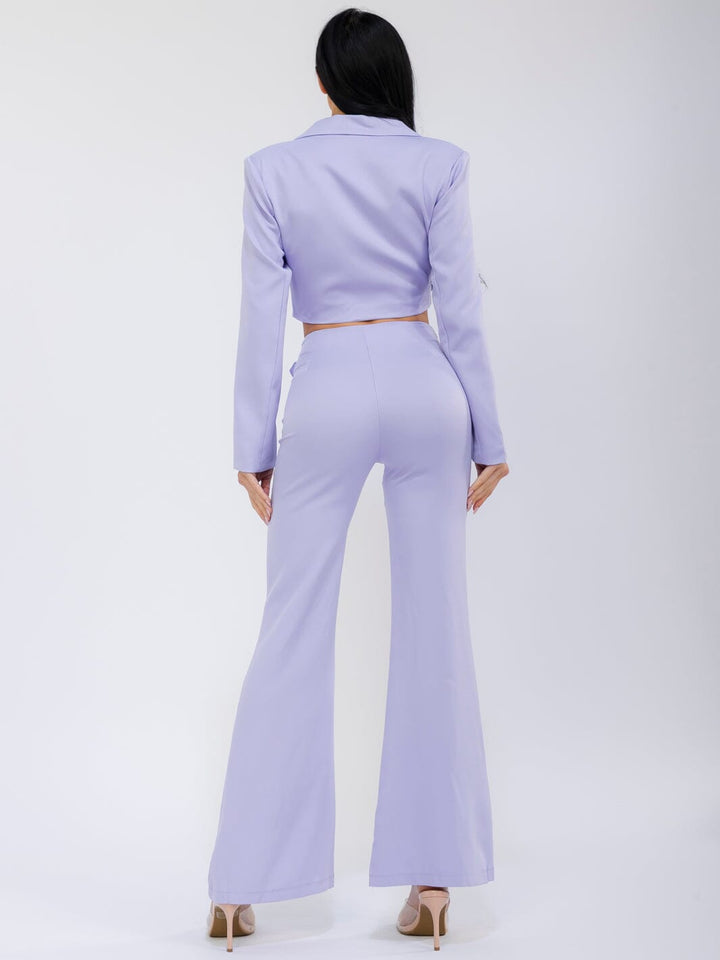 WOMEN'S LONG SLEEVE WRAP BLAZER & ZIP UP BELL LEG PANTS SOLID 2PC. SET