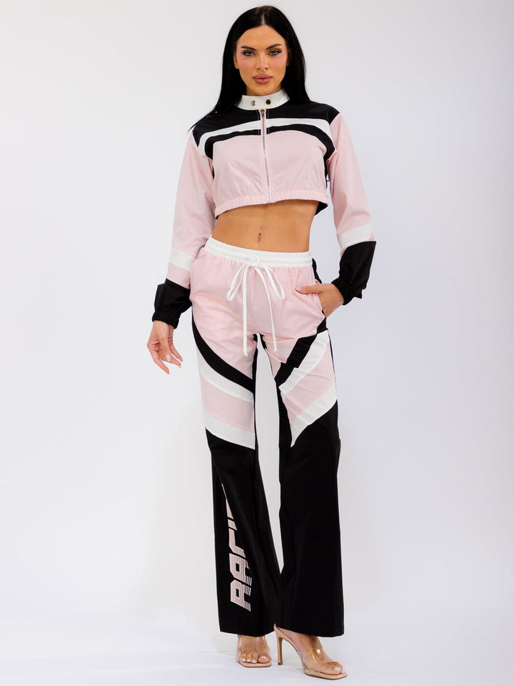 WOMEN'S LONG SLEEVE CROP JACKET & ELASTIC WAIST WIDE LEG PANTS GRAPHIC COLORBLOCK 2PC. SET