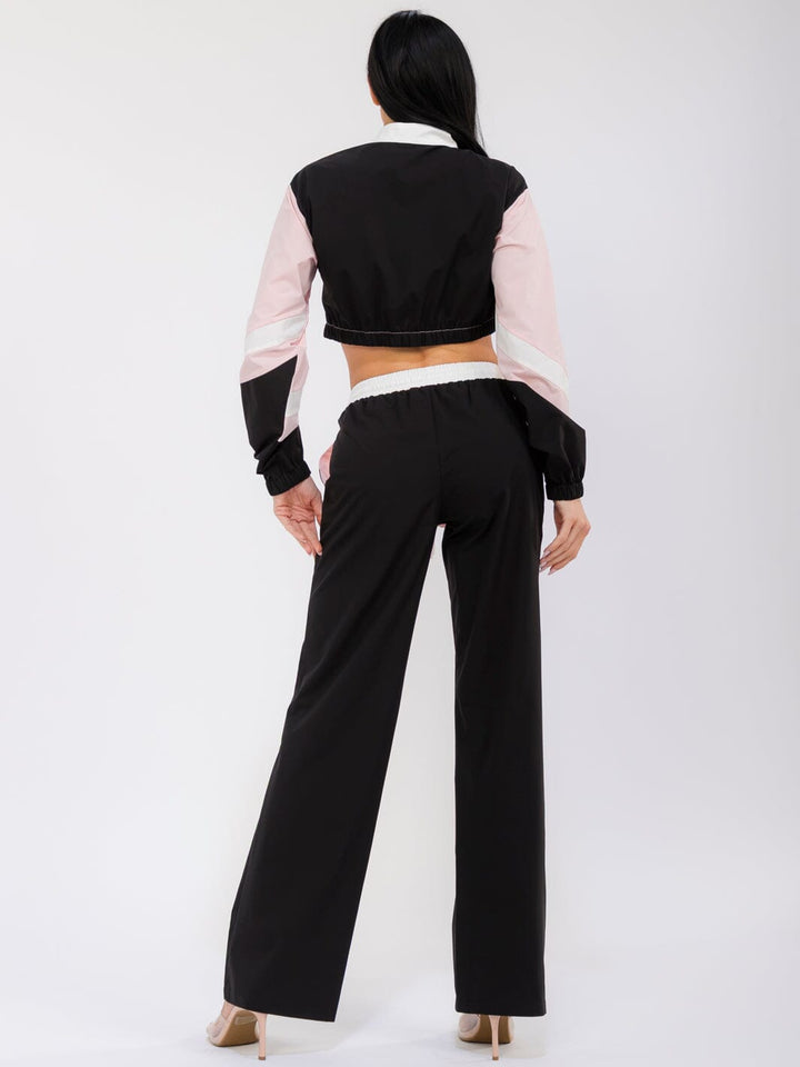 WOMEN'S LONG SLEEVE CROP JACKET & ELASTIC WAIST WIDE LEG PANTS GRAPHIC COLORBLOCK 2PC. SET