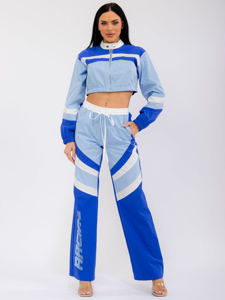 WOMEN'S LONG SLEEVE CROP JACKET & ELASTIC WAIST WIDE LEG PANTS GRAPHIC COLORBLOCK 2PC. SET