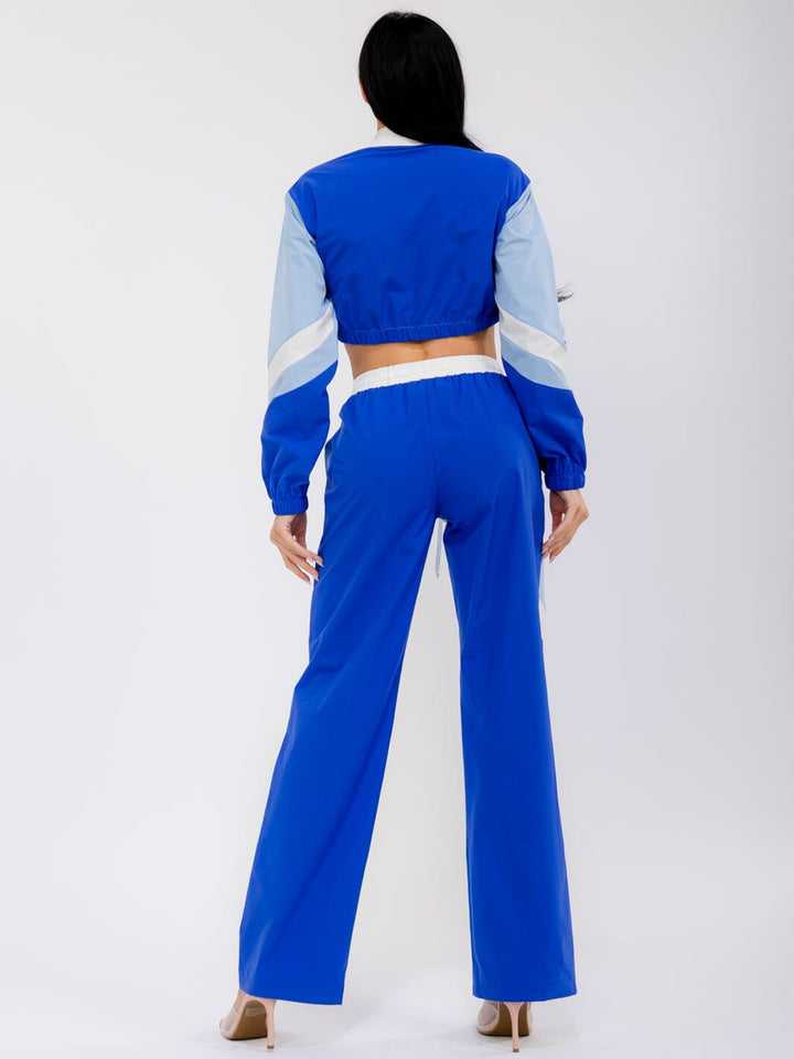 WOMEN'S LONG SLEEVE CROP JACKET & ELASTIC WAIST WIDE LEG PANTS GRAPHIC COLORBLOCK 2PC. SET