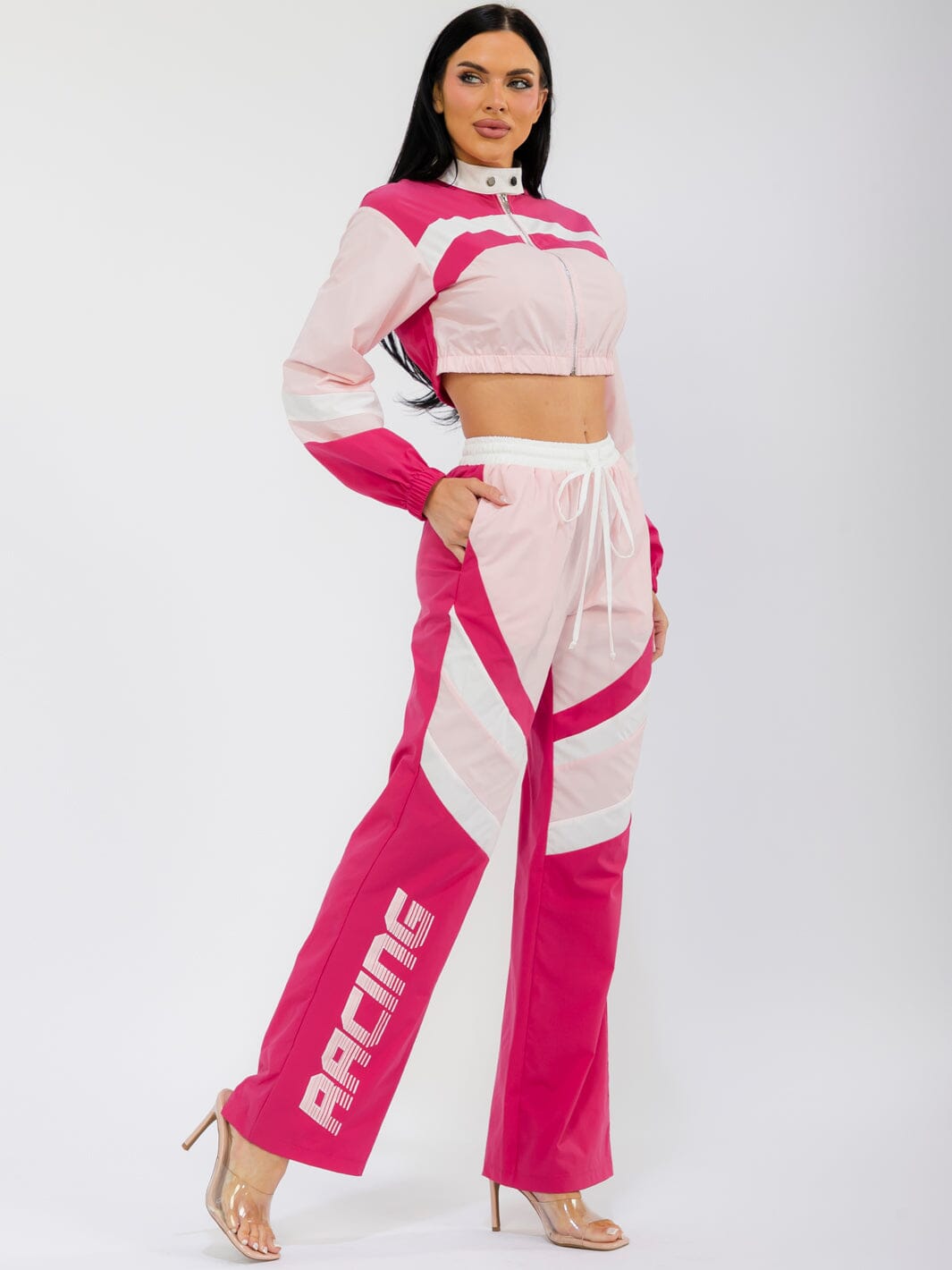 WOMEN'S LONG SLEEVE CROP JACKET & ELASTIC WAIST WIDE LEG PANTS GRAPHIC COLORBLOCK 2PC. SET