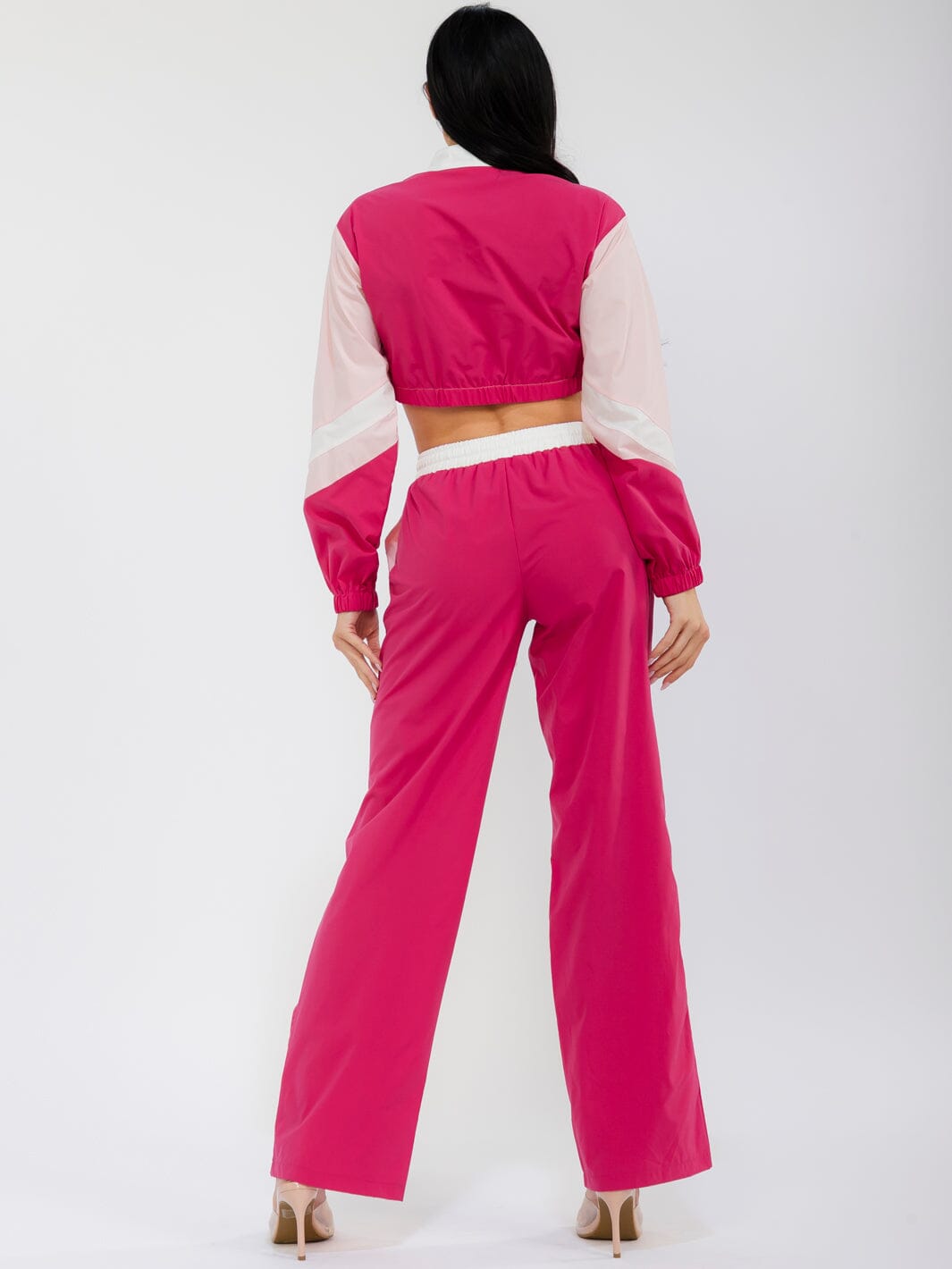 WOMEN'S LONG SLEEVE CROP JACKET & ELASTIC WAIST WIDE LEG PANTS GRAPHIC COLORBLOCK 2PC. SET