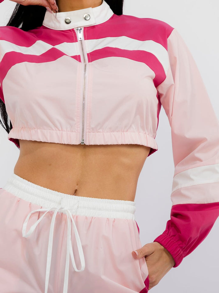 WOMEN'S LONG SLEEVE CROP JACKET & ELASTIC WAIST WIDE LEG PANTS GRAPHIC COLORBLOCK 2PC. SET