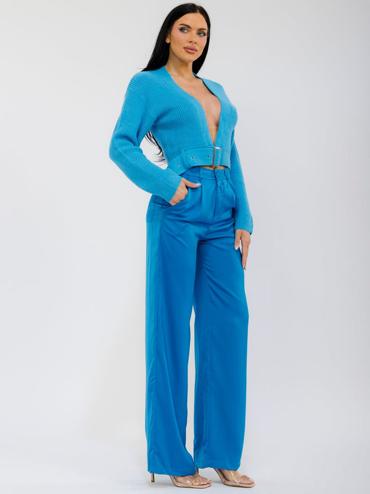 WOMEN'S LONG SLEEVE WRAP TOP & VUTTON CLOSURE STRAIGHT LEG PANTS CONTRAST 2PC. SET