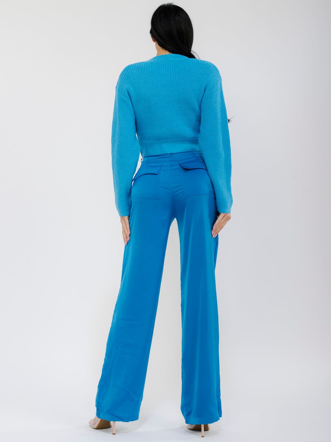 WOMEN'S LONG SLEEVE WRAP TOP & VUTTON CLOSURE STRAIGHT LEG PANTS CONTRAST 2PC. SET