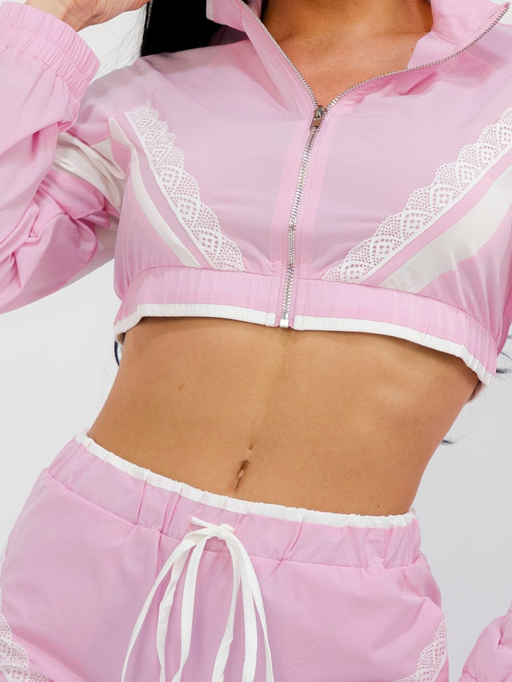WOMEN'S LONG SLEEVE CROP JACKET & ELASTIC WAIST MINI SHORT CROCHET DETAILED 2PC. SET