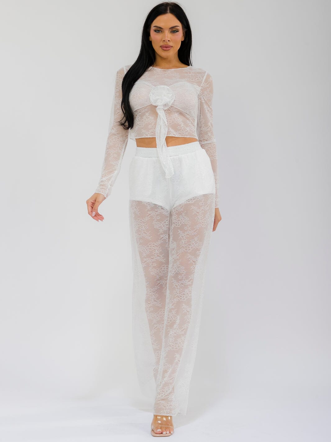 WOMEN'S LONG SLEEVE CROP TOP & ELASTIC WAIST WIDE LEG PANTS MESH LACE 2PC. SET