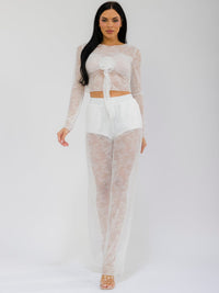 WOMEN'S LONG SLEEVE CROP TOP & ELASTIC WAIST WIDE LEG PANTS MESH LACE 2PC. SET