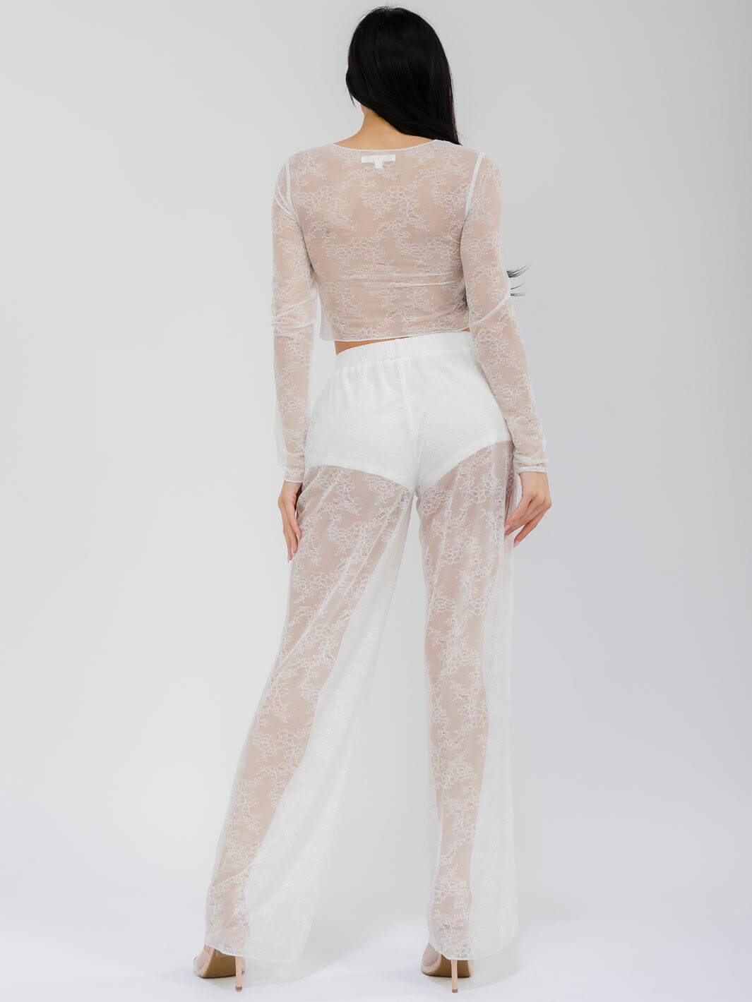 WOMEN'S LONG SLEEVE CROP TOP & ELASTIC WAIST WIDE LEG PANTS MESH LACE 2PC. SET