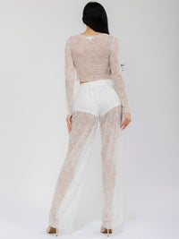 WOMEN'S LONG SLEEVE CROP TOP & ELASTIC WAIST WIDE LEG PANTS MESH LACE 2PC. SET