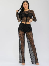 WOMEN'S LONG SLEEVE CROP TOP & ELASTIC WAIST WIDE LEG PANTS MESH LACE 2PC. SET