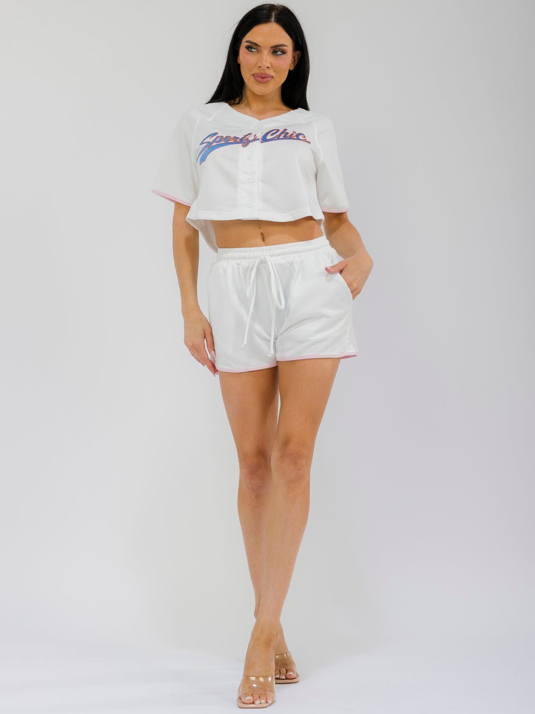 WOMEN'S SHORT SLEEVE CROP TOP & ELASTIC WAIST MINI SHORT GRAPHIC 2PC. SET