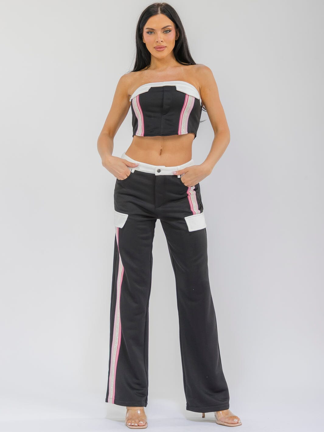 WOMEN'S SLEEVELESS CROP TOP & BUTTON CLOSURE WIDE LEG PANTS COLORBLOCK 2PC. SET