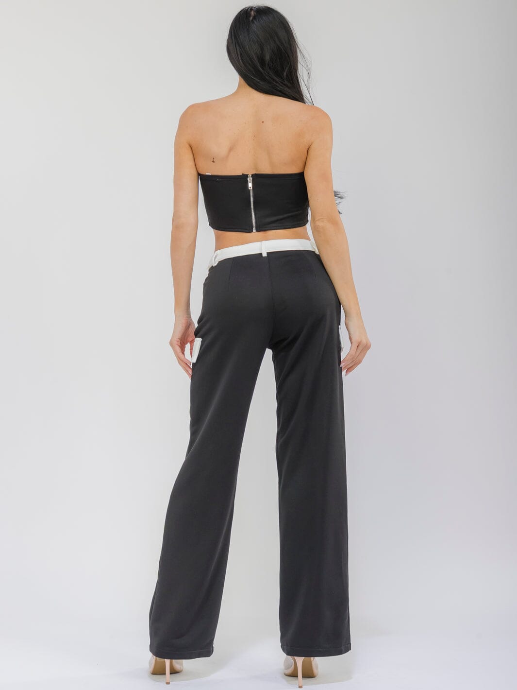 WOMEN'S SLEEVELESS CROP TOP & BUTTON CLOSURE WIDE LEG PANTS COLORBLOCK 2PC. SET