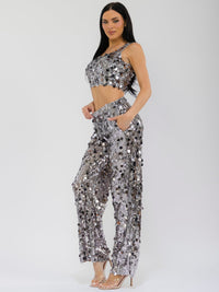 WOMEN'S SLEEVELESS CROP TOP & ELASTIC WAIST WIDE LEG PANTS SEQUINS 2PC. SET