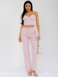 WOMEN'S SLEEVELESS CROP TOP & BUTTON CLOSURE STRAIGHT LEG PANTS PEARL DETAILED 2PC. SET