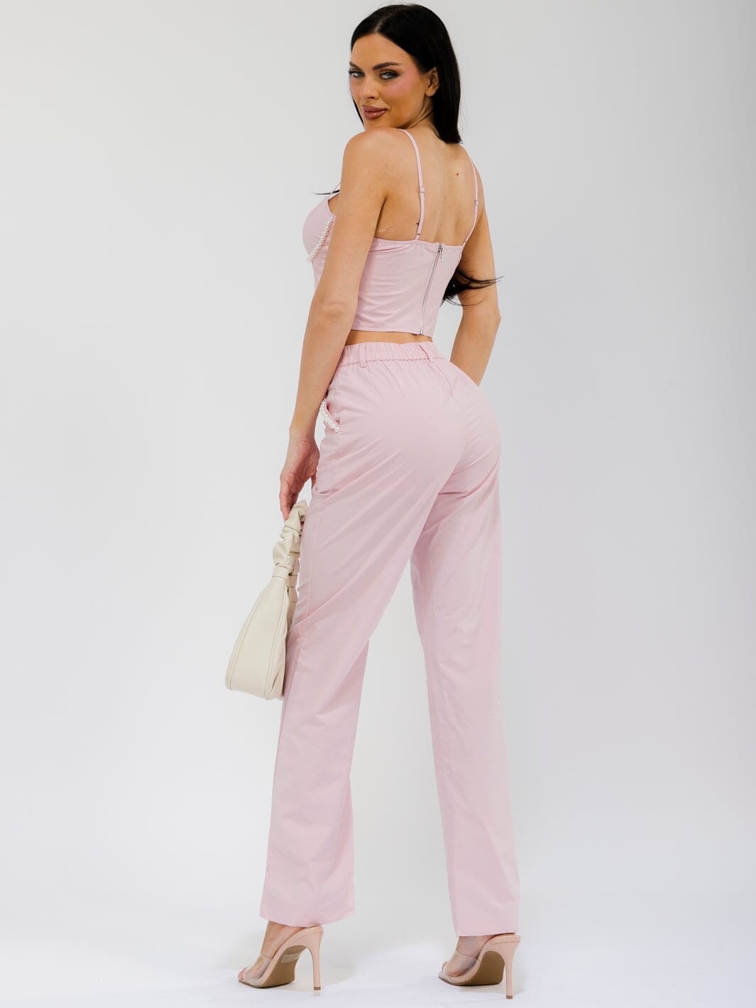 WOMEN'S SLEEVELESS CROP TOP & BUTTON CLOSURE STRAIGHT LEG PANTS PEARL DETAILED 2PC. SET