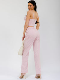 WOMEN'S SLEEVELESS CROP TOP & BUTTON CLOSURE STRAIGHT LEG PANTS PEARL DETAILED 2PC. SET