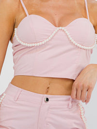 WOMEN'S SLEEVELESS CROP TOP & BUTTON CLOSURE STRAIGHT LEG PANTS PEARL DETAILED 2PC. SET