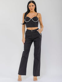 WOMEN'S SLEEVELESS CROP TOP & BUTTON CLOSURE STRAIGHT LEG PANTS PEARL DETAILED 2PC. SET