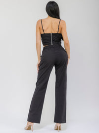 WOMEN'S SLEEVELESS CROP TOP & BUTTON CLOSURE STRAIGHT LEG PANTS PEARL DETAILED 2PC. SET