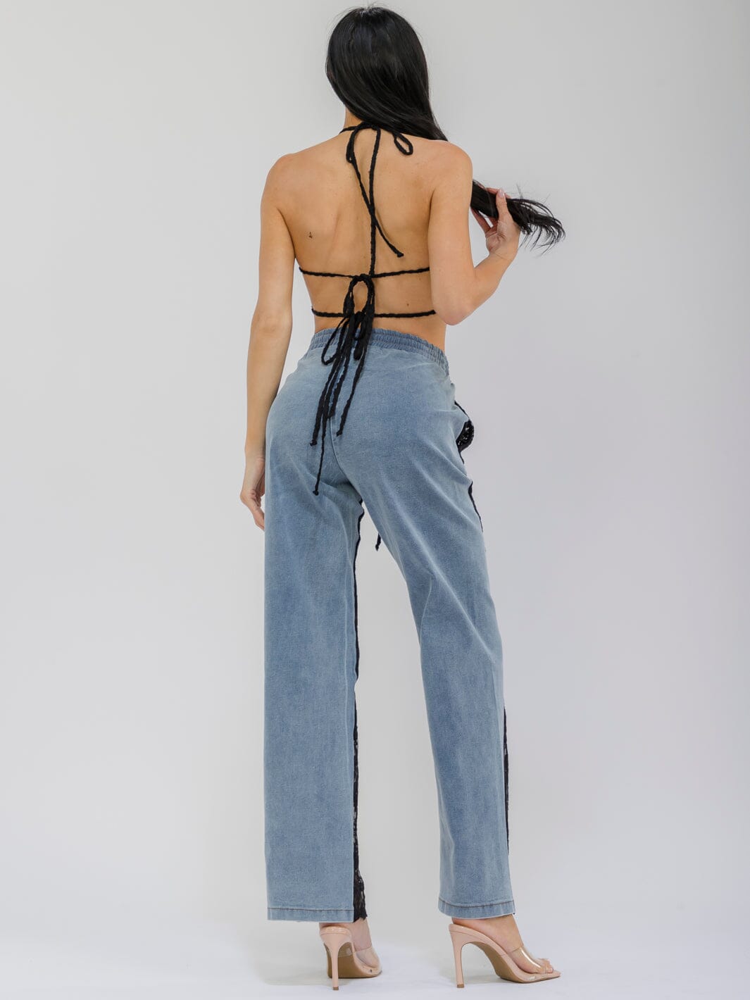 WOMEN'S SLEEVELESS CROP TOP & ELASTIC WAIST STRAIGHT LEG PANTS DENIM LACE 2PC. SET