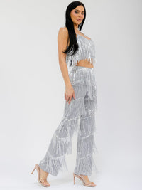 WOMEN'S SLEEVELESS CROP TOP & ZIP UP WIDE LEG PANTS FRINGE SEQUINS 2PC. SET