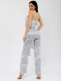 WOMEN'S SLEEVELESS CROP TOP & ZIP UP WIDE LEG PANTS FRINGE SEQUINS 2PC. SET