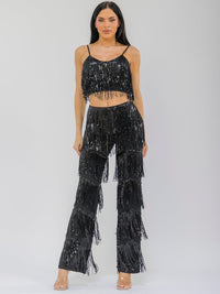 WOMEN'S SLEEVELESS CROP TOP & ZIP UP WIDE LEG PANTS FRINGE SEQUINS 2PC. SET