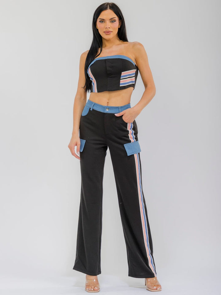 WOMEN'S SLEEVELESS CROP TOP & BUTTON CLOSURE WIDE LEG PANTS DENIM CONTRAST 2PC. SET