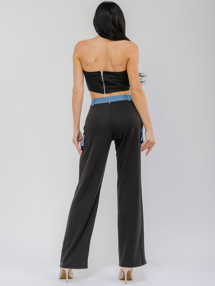 WOMEN'S SLEEVELESS CROP TOP & BUTTON CLOSURE WIDE LEG PANTS DENIM CONTRAST 2PC. SET