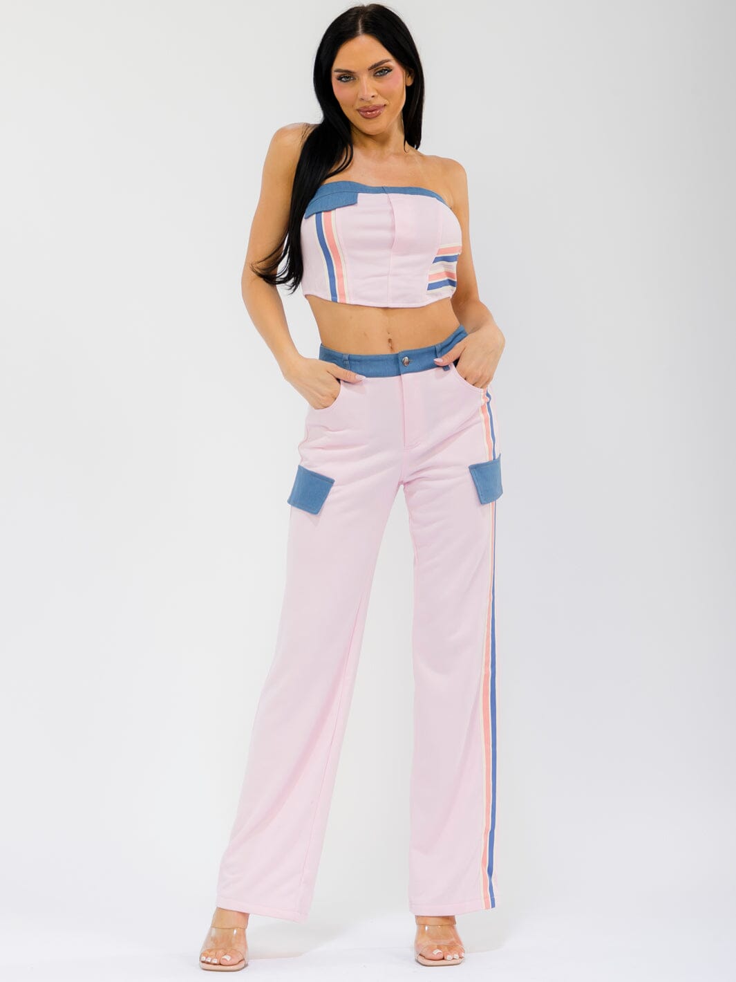 WOMEN'S SLEEVELESS CROP TOP & BUTTON CLOSURE WIDE LEG PANTS DENIM CONTRAST 2PC. SET