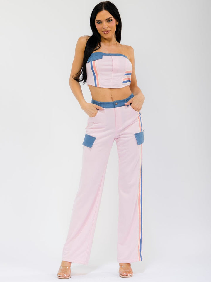 WOMEN'S SLEEVELESS CROP TOP & BUTTON CLOSURE WIDE LEG PANTS DENIM CONTRAST 2PC. SET