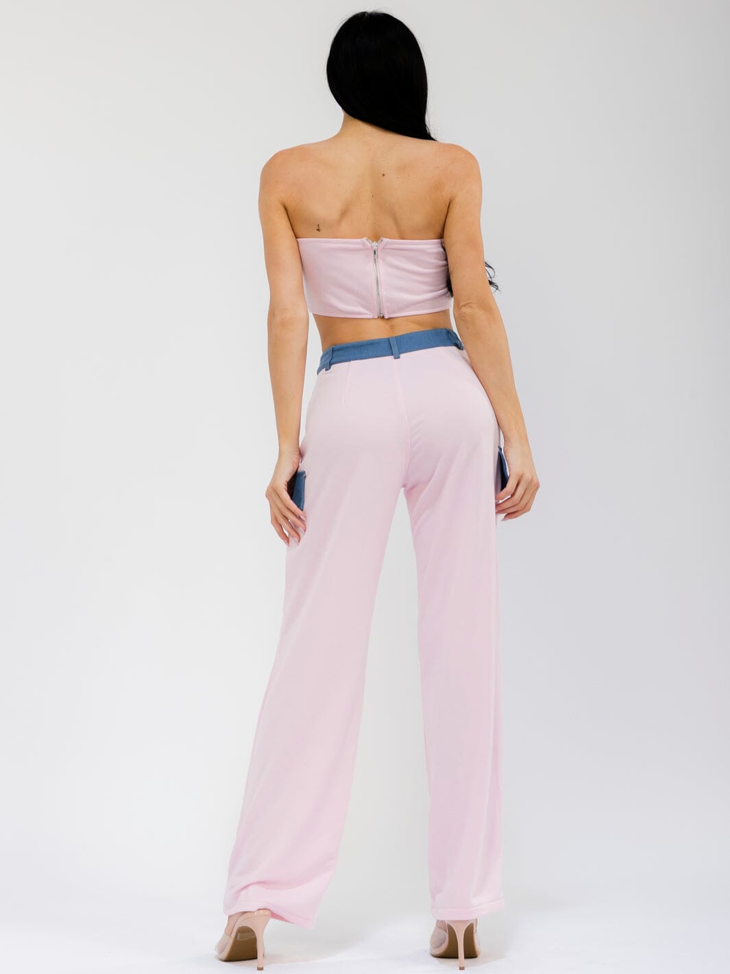 WOMEN'S SLEEVELESS CROP TOP & BUTTON CLOSURE WIDE LEG PANTS DENIM CONTRAST 2PC. SET