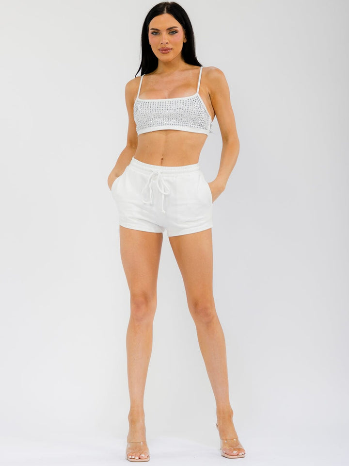 WOMEN'S SLEEVELESS BEALETTE & ELASTIC WAIST MINI SHORT RHINESTONES 2PC. SET