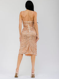 WOMEN'S SLEEVELESS FRONT SLIT BODYCON SEQUINS MIDI DRESS