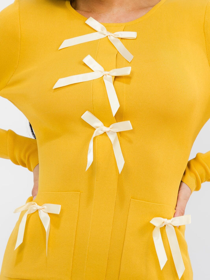 WOMEN'S LONG SLEEVE FRONT POCKETS BOWS RIBBED BODYCON MINI DRESS