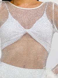 WOMEN'S LONG SLEEVE BODYCON RHINESTONES MESH MINI DRESS